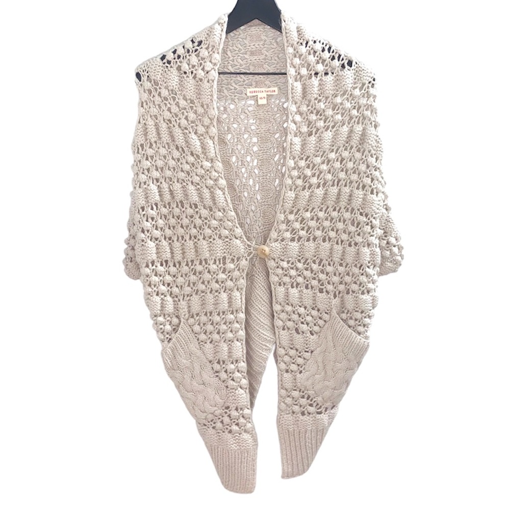 REBECCA TAYLOR Cream Ivory Crochet Open Knit Dolman Cocoon Sweater Cardigan XS/S